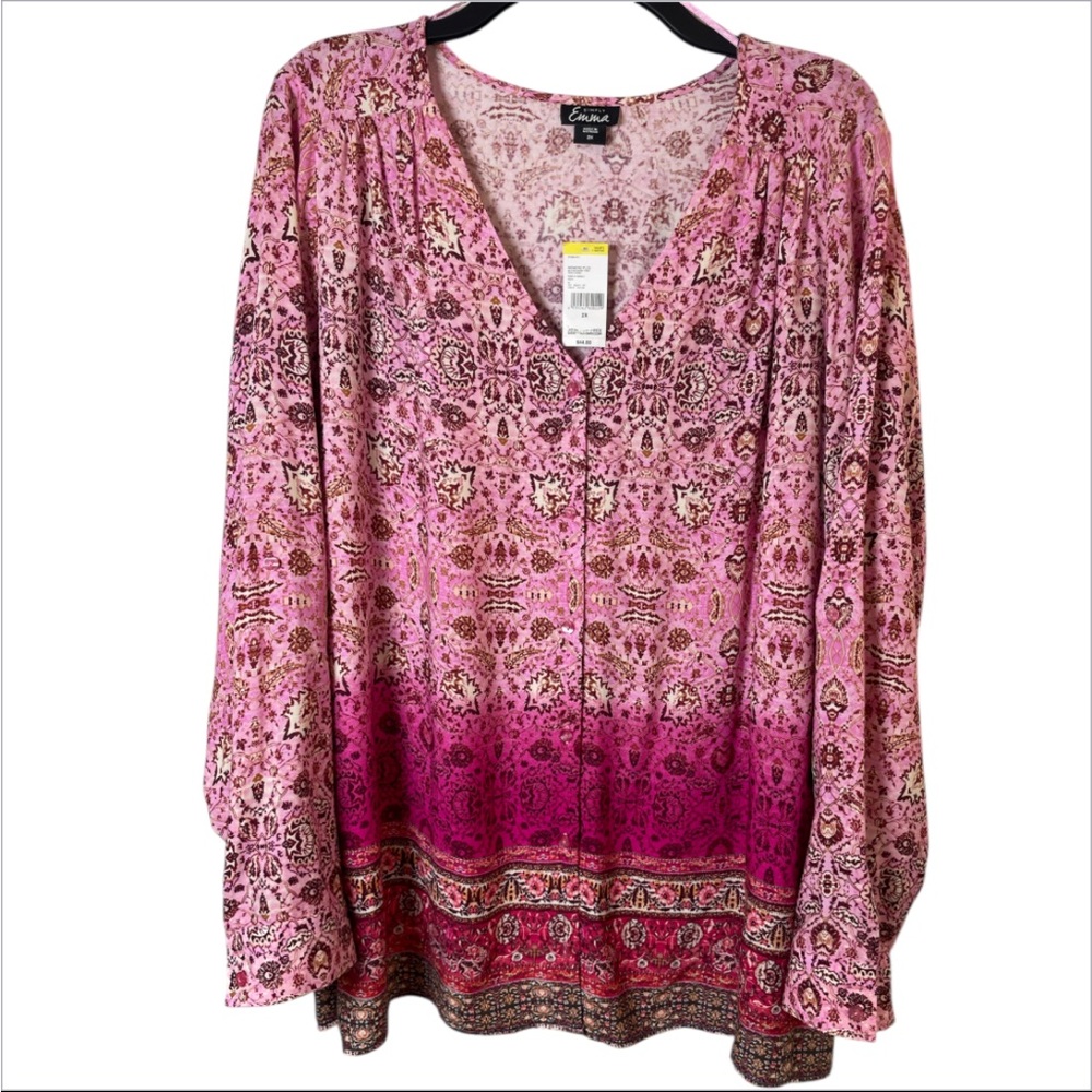 Simply Emma Pink Long Sleeve Ombré boho v neck button front Blouse size 2X